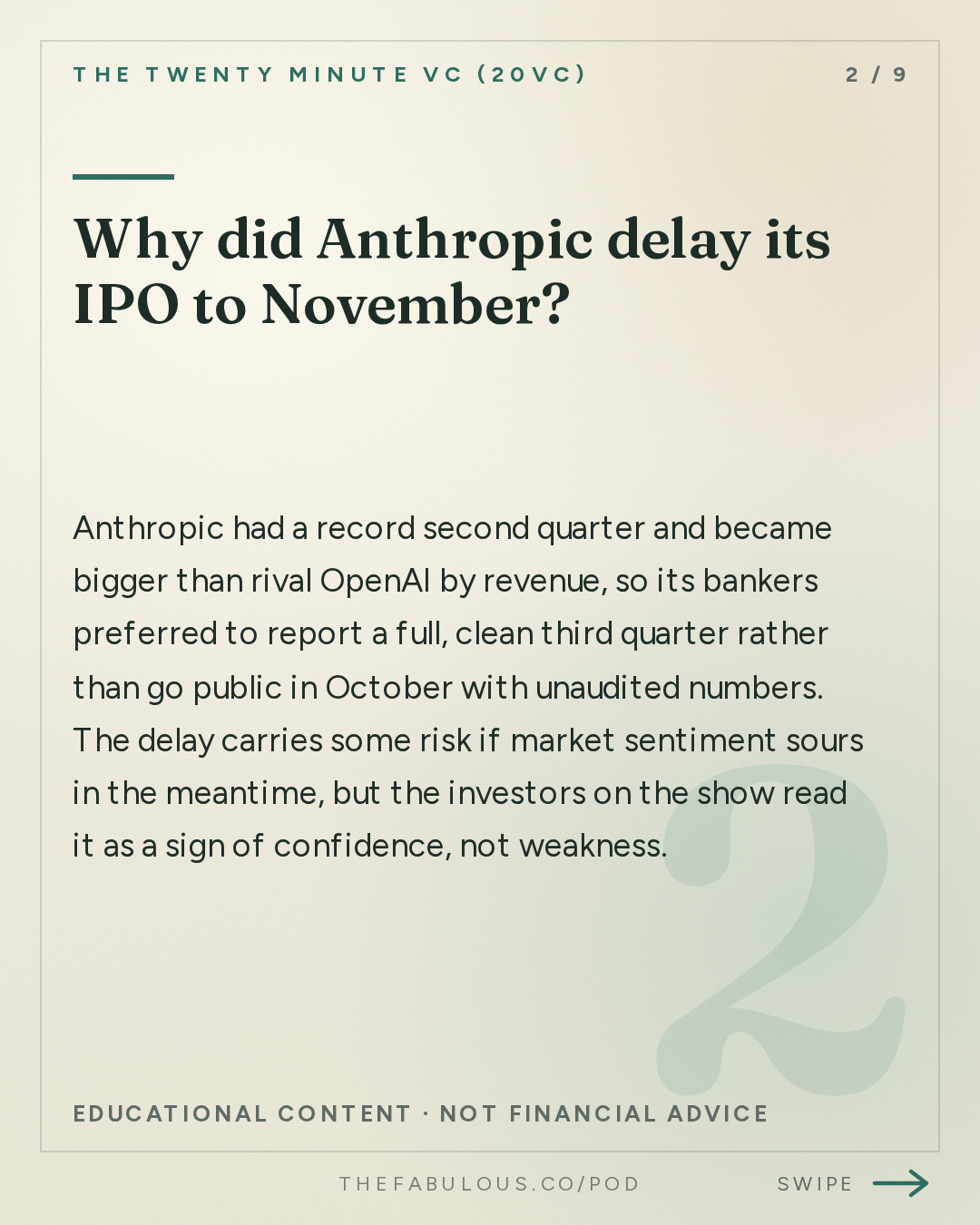 Why did Anthropic delay its IPO to November? — The Twenty Minute VC (20VC): Venture Capital | Startup Funding | The Pitch: 20VC: Meta's Muse Hits No. 1. ChatGPT Finally Has a Rival | Menlo Sounds the AI Bubble Alarm | Factory Triples Its Valuation to $5 Billion | Keith Rabois vs Airwallex: Who is Right? | Crusoe's $3.9 Billion Round. Is the Data Centre Trade Overheating?