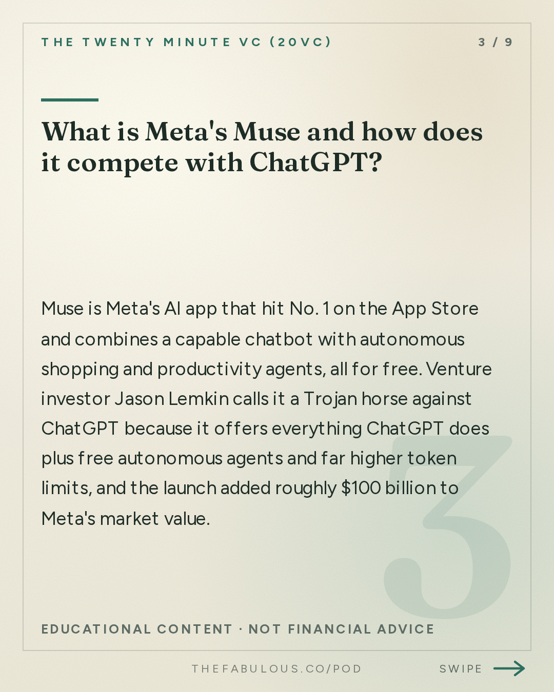 What is Meta's Muse and how does it compete with ChatGPT? — The Twenty Minute VC (20VC): Venture Capital | Startup Funding | The Pitch: 20VC: Meta's Muse Hits No. 1. ChatGPT Finally Has a Rival | Menlo Sounds the AI Bubble Alarm | Factory Triples Its Valuation to $5 Billion | Keith Rabois vs Airwallex: Who is Right? | Crusoe's $3.9 Billion Round. Is the Data Centre Trade Overheating?