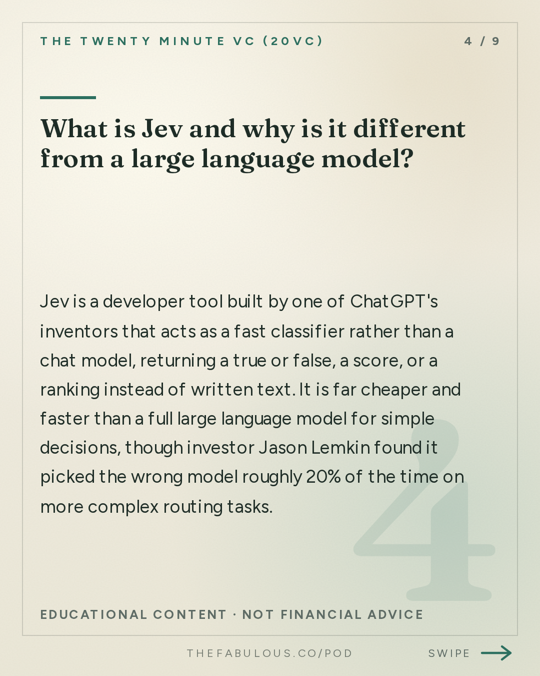 What is Jev and why is it different from a large language model? — The Twenty Minute VC (20VC): Venture Capital | Startup Funding | The Pitch: 20VC: Meta's Muse Hits No. 1. ChatGPT Finally Has a Rival | Menlo Sounds the AI Bubble Alarm | Factory Triples Its Valuation to $5 Billion | Keith Rabois vs Airwallex: Who is Right? | Crusoe's $3.9 Billion Round. Is the Data Centre Trade Overheating?