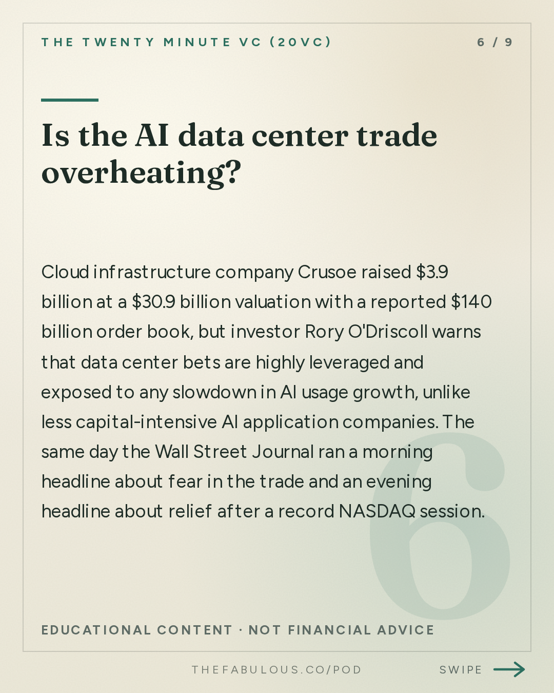 Is the AI data center trade overheating? — The Twenty Minute VC (20VC): Venture Capital | Startup Funding | The Pitch: 20VC: Meta's Muse Hits No. 1. ChatGPT Finally Has a Rival | Menlo Sounds the AI Bubble Alarm | Factory Triples Its Valuation to $5 Billion | Keith Rabois vs Airwallex: Who is Right? | Crusoe's $3.9 Billion Round. Is the Data Centre Trade Overheating?