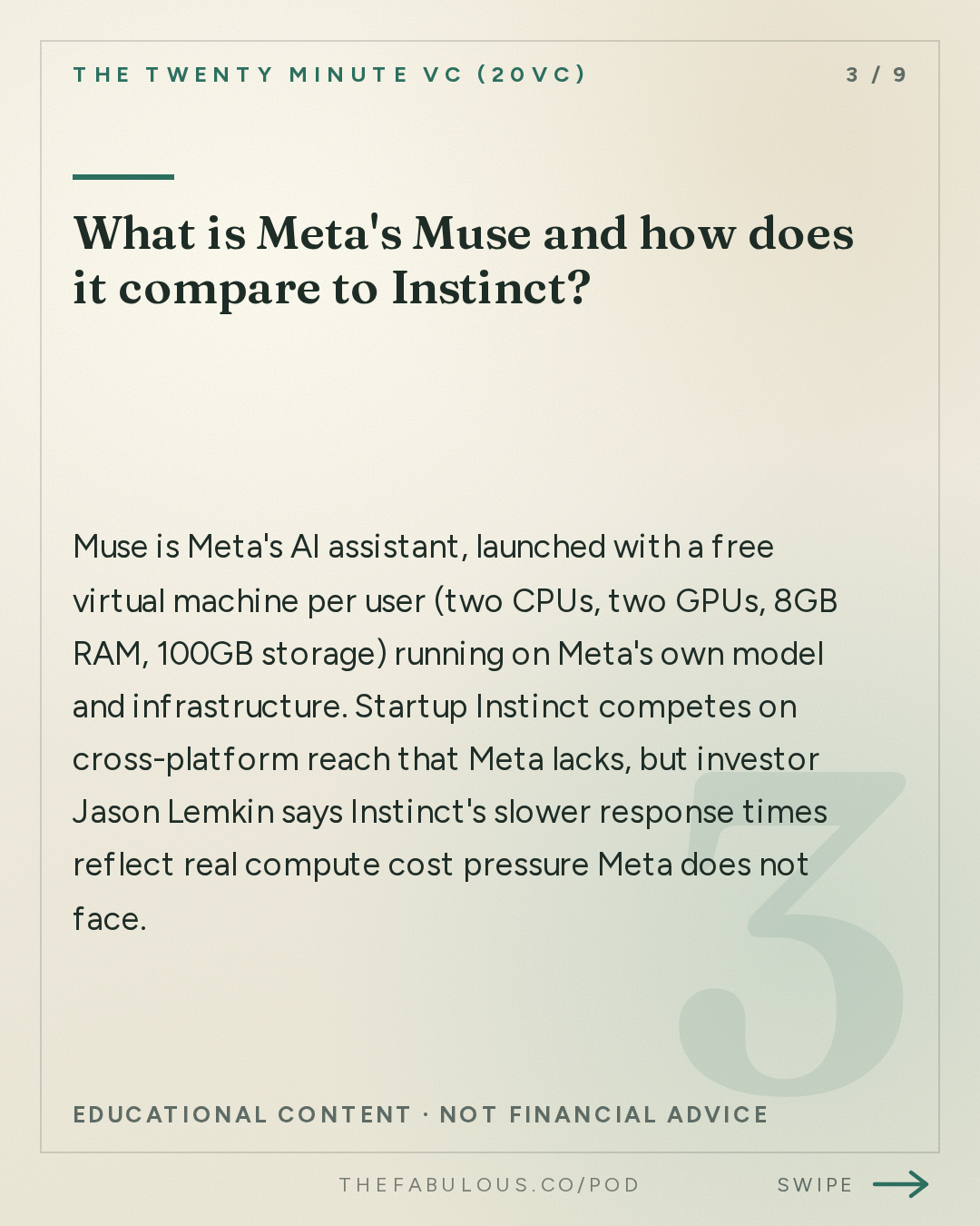 What is Meta's Muse and how does it compare to Instinct? — The Twenty Minute VC (20VC): Venture Capital | Startup Funding | The Pitch: 20VC: Why "Pacing the Frontier" is BS | Instinct Raising $1BN at $10BN & Meta Launches Muse | Miro Sells for $1.35BN After a $17.5BN Valuation | Mistral Raises €3BN & Could Sam Bankman-Fried Win His Freedom?