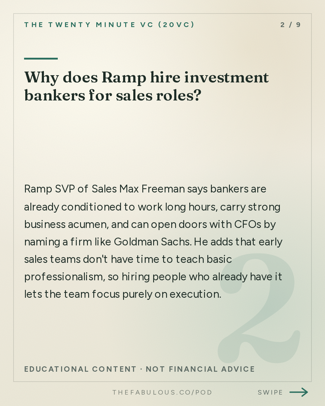 Why does Ramp hire investment bankers for sales roles? — The Twenty Minute VC (20VC): Venture Capital | Startup Funding | The Pitch: 20Sales: Inside Ramp's Sales Playbook: How to Build a $1.7BN ARR Sales Machine with Max Freeman, SVP Sales @ Ramp