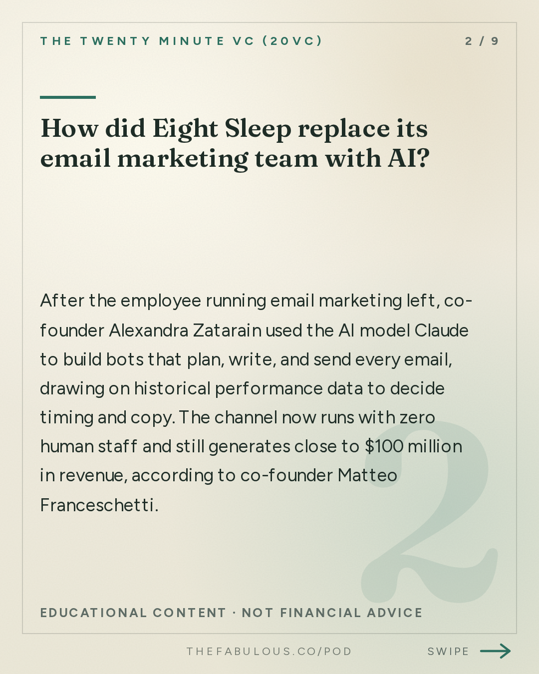 How did Eight Sleep replace its email marketing team with AI? — The Twenty Minute VC (20VC): Venture Capital | Startup Funding | The Pitch: 20VC: 7 Predictions for How AI Changes the World: Labour, Engineering, Social Media, GrokBots Buying Cybercabs and more with Matteo Franceschetti, Co-Founder @ Eight Sleep