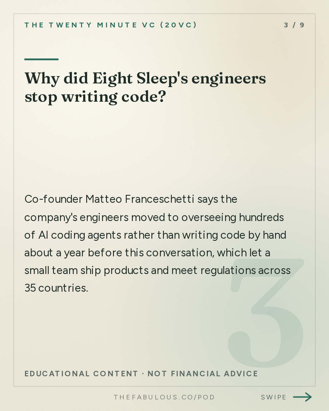 Why did Eight Sleep's engineers stop writing code? — The Twenty Minute VC (20VC): Venture Capital | Startup Funding | The Pitch: 20VC: 7 Predictions for How AI Changes the World: Labour, Engineering, Social Media, GrokBots Buying Cybercabs and more with Matteo Franceschetti, Co-Founder @ Eight Sleep