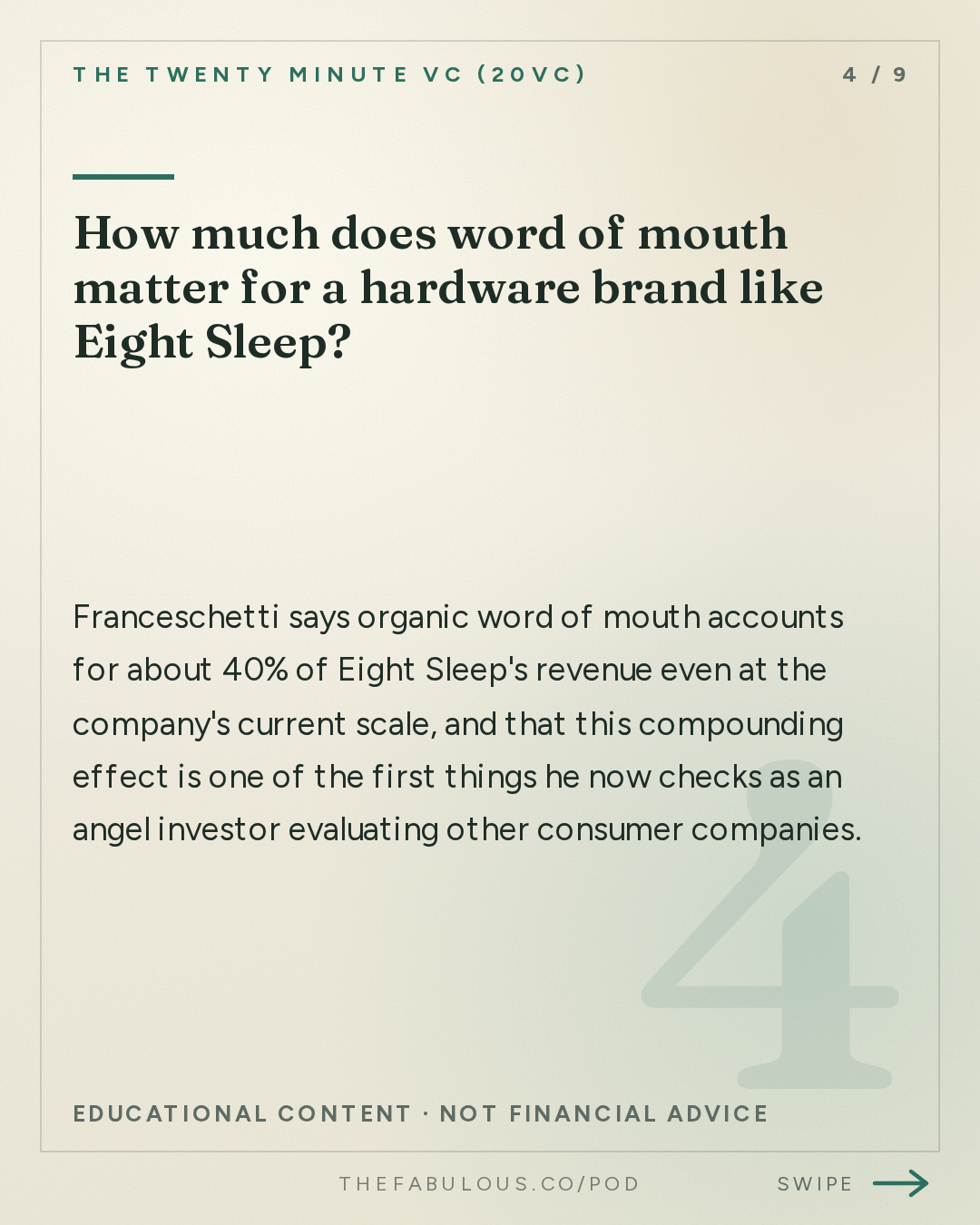 How much does word of mouth matter for a hardware brand like Eight Sleep? — The Twenty Minute VC (20VC): Venture Capital | Startup Funding | The Pitch: 20VC: 7 Predictions for How AI Changes the World: Labour, Engineering, Social Media, GrokBots Buying Cybercabs and more with Matteo Franceschetti, Co-Founder @ Eight Sleep