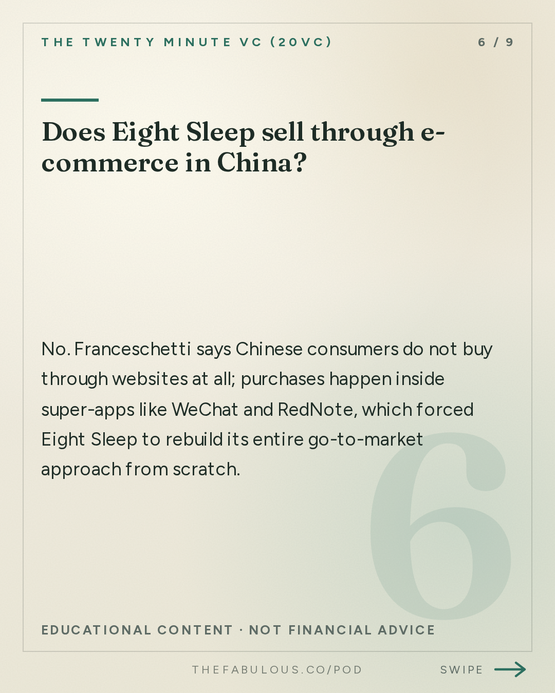 Does Eight Sleep sell through e-commerce in China? — The Twenty Minute VC (20VC): Venture Capital | Startup Funding | The Pitch: 20VC: 7 Predictions for How AI Changes the World: Labour, Engineering, Social Media, GrokBots Buying Cybercabs and more with Matteo Franceschetti, Co-Founder @ Eight Sleep