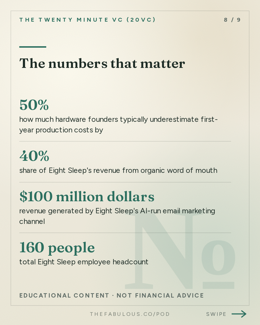The numbers that matter — The Twenty Minute VC (20VC): Venture Capital | Startup Funding | The Pitch: 20VC: 7 Predictions for How AI Changes the World: Labour, Engineering, Social Media, GrokBots Buying Cybercabs and more with Matteo Franceschetti, Co-Founder @ Eight Sleep