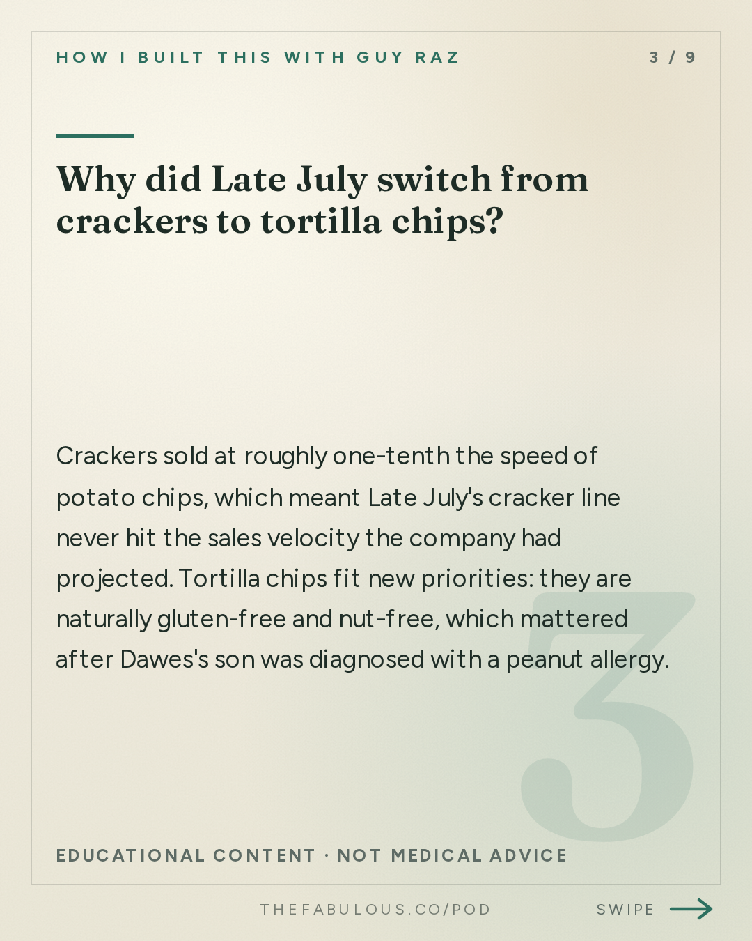 Why did Late July switch from crackers to tortilla chips? — How I Built This with Guy Raz: Late July Snacks: Nicole Bernard Dawes. Crackers and Cookies were Failing… Tortilla Chips Saved Them