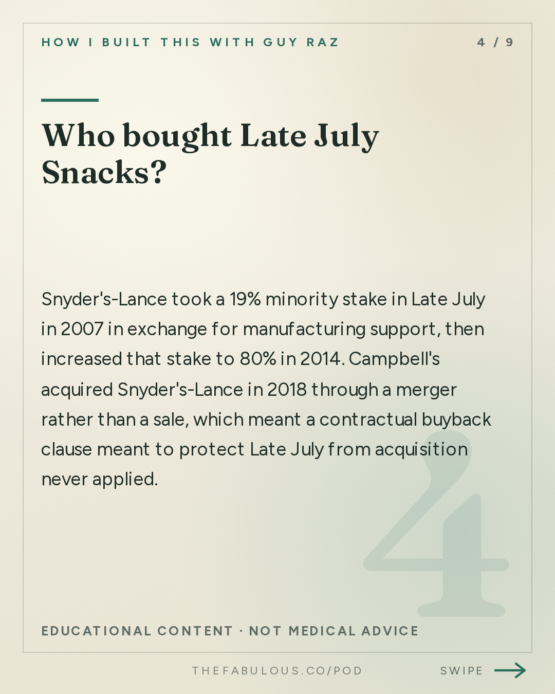 Who bought Late July Snacks? — How I Built This with Guy Raz: Late July Snacks: Nicole Bernard Dawes. Crackers and Cookies were Failing… Tortilla Chips Saved Them