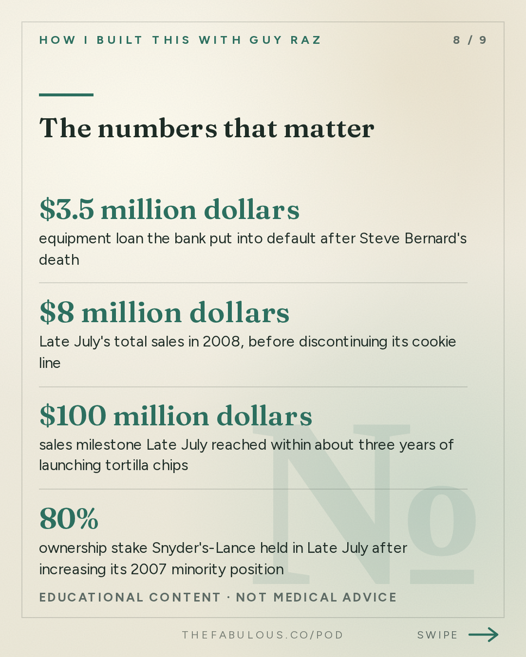 The numbers that matter — How I Built This with Guy Raz: Late July Snacks: Nicole Bernard Dawes. Crackers and Cookies were Failing… Tortilla Chips Saved Them