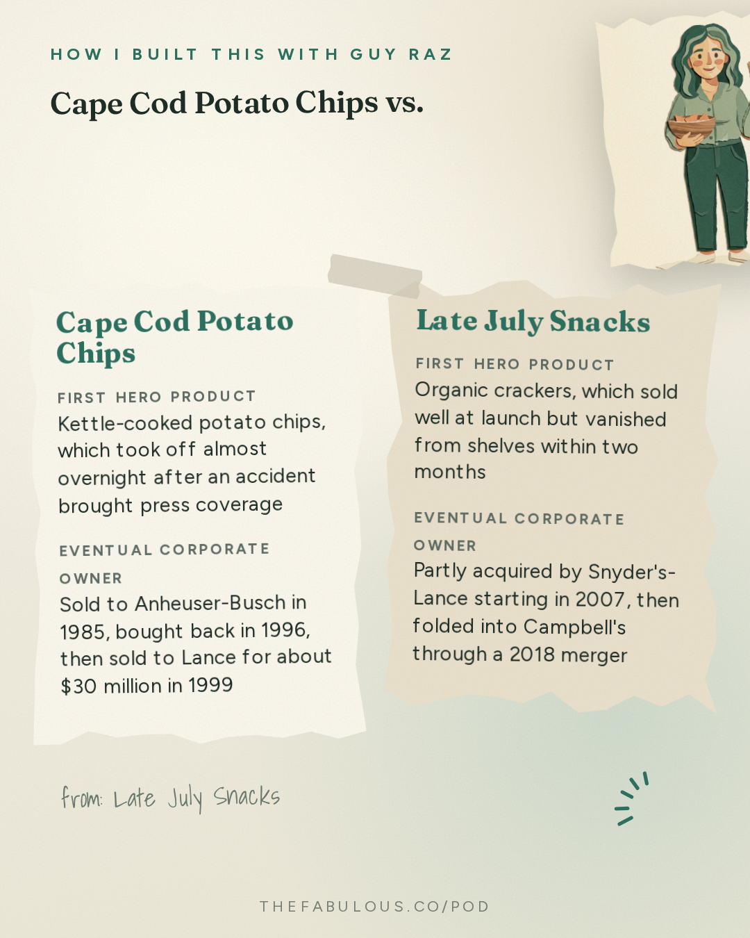 Cape Cod Potato Chips vs. Late July Snacks: two family businesses, two paths — How I Built This with Guy Raz: Late July Snacks: Nicole Bernard Dawes. Crackers and Cookies were Failing… Tortilla Chips Saved Them