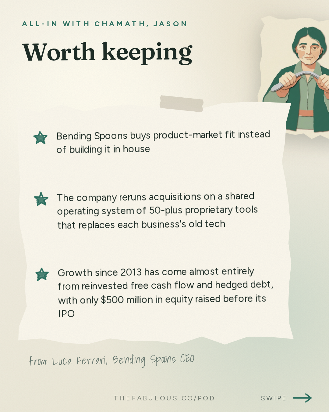 Worth keeping — All-In with Chamath, Jason, Sacks & Friedberg: Luca Ferrari, Bending Spoons CEO: The $40K Origin Story, Buying Product-Market Fit & Why Private Equity Can't Compete