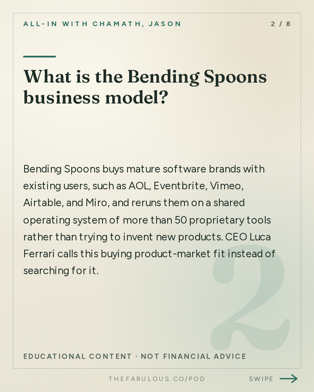 What is the Bending Spoons business model? — All-In with Chamath, Jason, Sacks & Friedberg: Luca Ferrari, Bending Spoons CEO: The $40K Origin Story, Buying Product-Market Fit & Why Private Equity Can't Compete