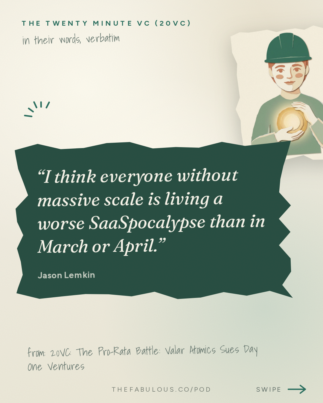 I think everyone without massive scale is living a worse SaaSpocalypse than in March or April. — The Twenty Minute VC (20VC): Venture Capital | Startup Funding | The Pitch: 20VC: The Pro-Rata Battle: Valar Atomics Sues Day One Ventures | Meta Returns to the AI Frontier With Muse Wonder | NVIDIA Eyes $30B Reflection Deal & Jev Raises $870M at a $7.5B Valuation