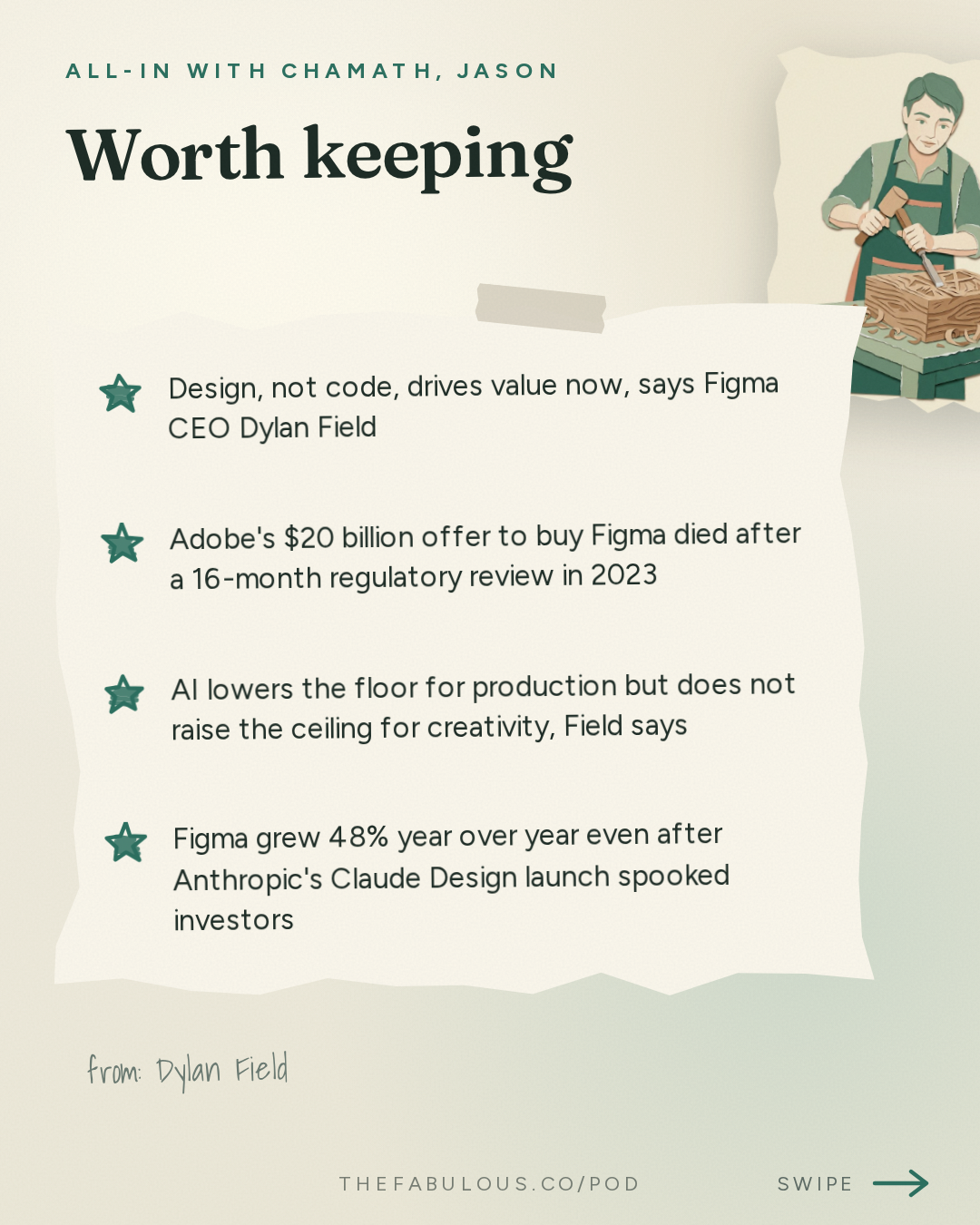 Worth keeping — All-In with Chamath, Jason, Sacks & Friedberg: Dylan Field: Is AI Replacing Designers?, Design is the New Code & Democratizing Creativity
