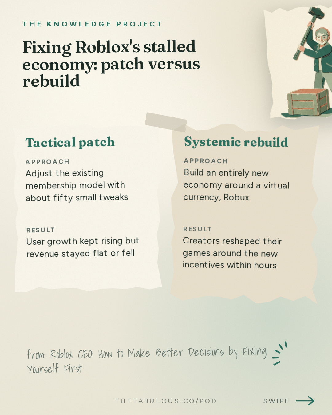 Fixing Roblox's stalled economy: patch versus rebuild — The Knowledge Project: Roblox CEO: How to Make Better Decisions by Fixing Yourself First