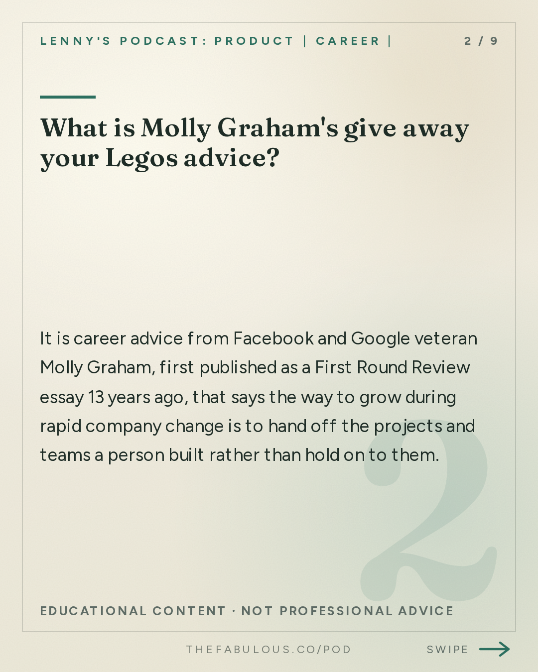 What is Molly Graham's give away your Legos advice? — Lenny's Podcast: Product | Career | Growth: The grief, loneliness, and burnout sweeping through the tech industry right now | Molly Graham