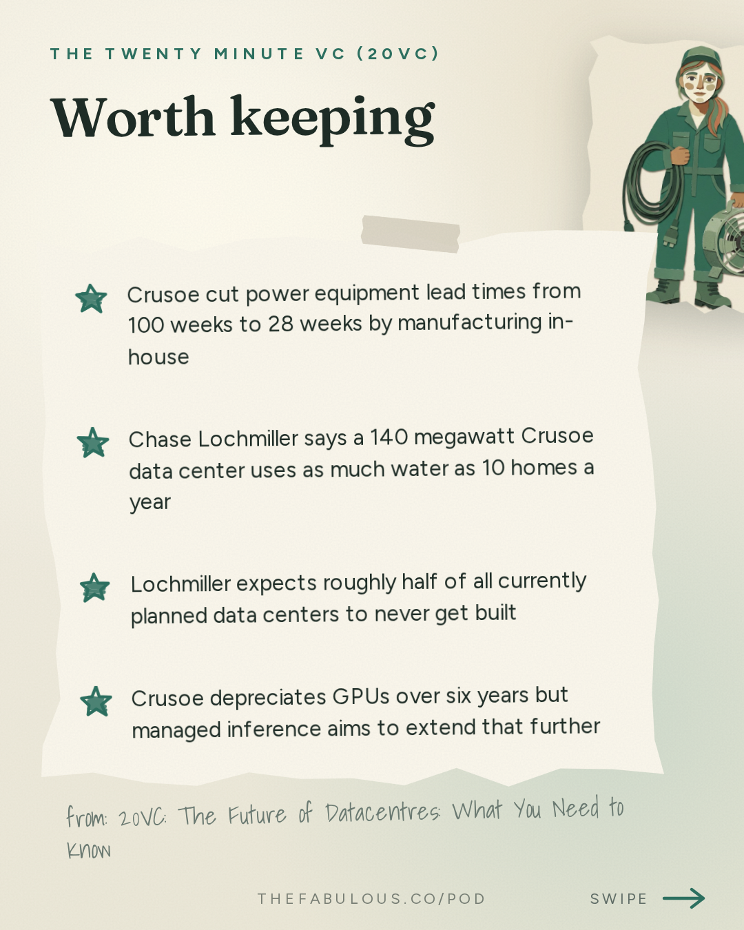 Worth keeping — The Twenty Minute VC (20VC): Venture Capital | Startup Funding | The Pitch: 20VC: The Future of Datacentres: What You Need to Know | Why Everyone Gets GPU Depreciation and AI's Energy Costs Wrong | Who Really Makes Money From AI & Why Most Moats Don't Exist with Chase Lochmiller