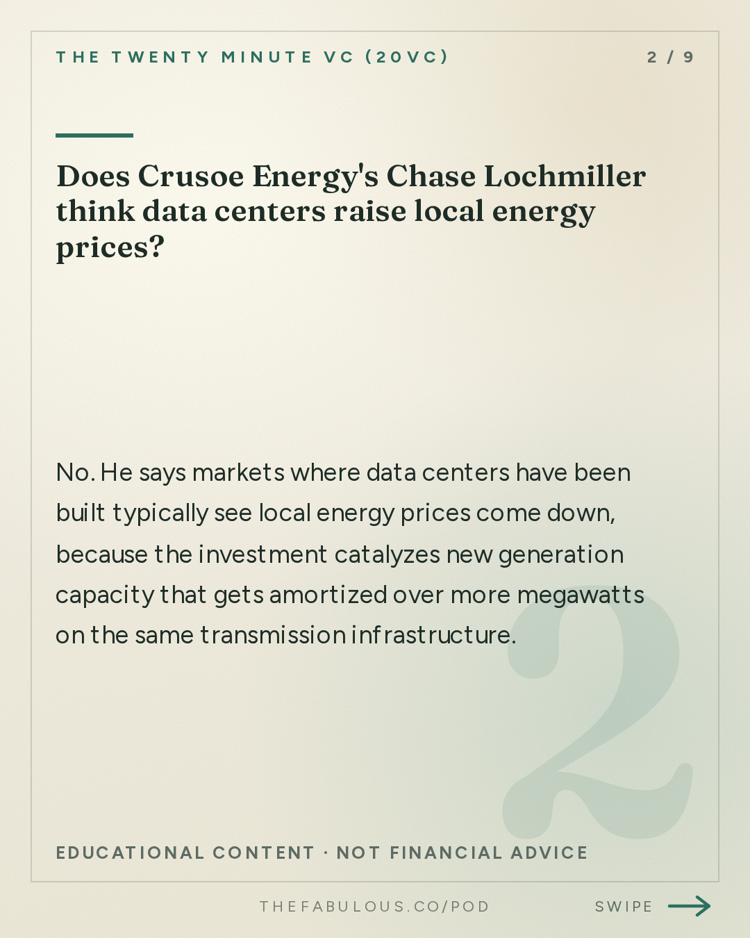 Does Crusoe Energy's Chase Lochmiller think data centers raise local energy prices? — The Twenty Minute VC (20VC): Venture Capital | Startup Funding | The Pitch: 20VC: The Future of Datacentres: What You Need to Know | Why Everyone Gets GPU Depreciation and AI's Energy Costs Wrong | Who Really Makes Money From AI & Why Most Moats Don't Exist with Chase Lochmiller