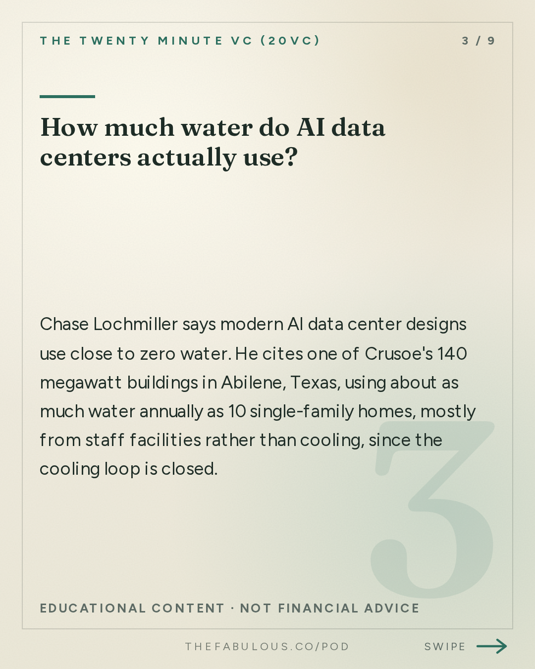 How much water do AI data centers actually use? — The Twenty Minute VC (20VC): Venture Capital | Startup Funding | The Pitch: 20VC: The Future of Datacentres: What You Need to Know | Why Everyone Gets GPU Depreciation and AI's Energy Costs Wrong | Who Really Makes Money From AI & Why Most Moats Don't Exist with Chase Lochmiller