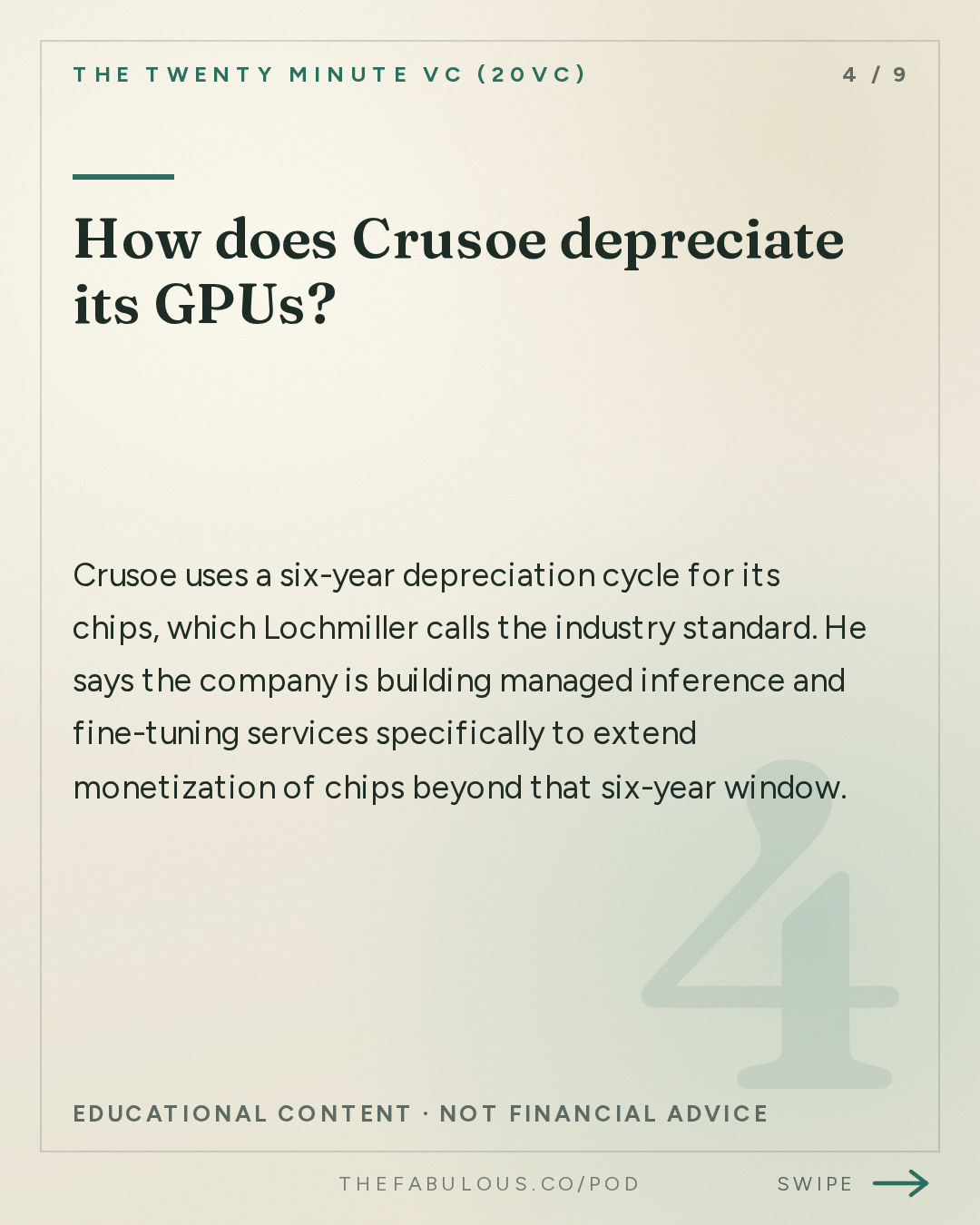 How does Crusoe depreciate its GPUs? — The Twenty Minute VC (20VC): Venture Capital | Startup Funding | The Pitch: 20VC: The Future of Datacentres: What You Need to Know | Why Everyone Gets GPU Depreciation and AI's Energy Costs Wrong | Who Really Makes Money From AI & Why Most Moats Don't Exist with Chase Lochmiller