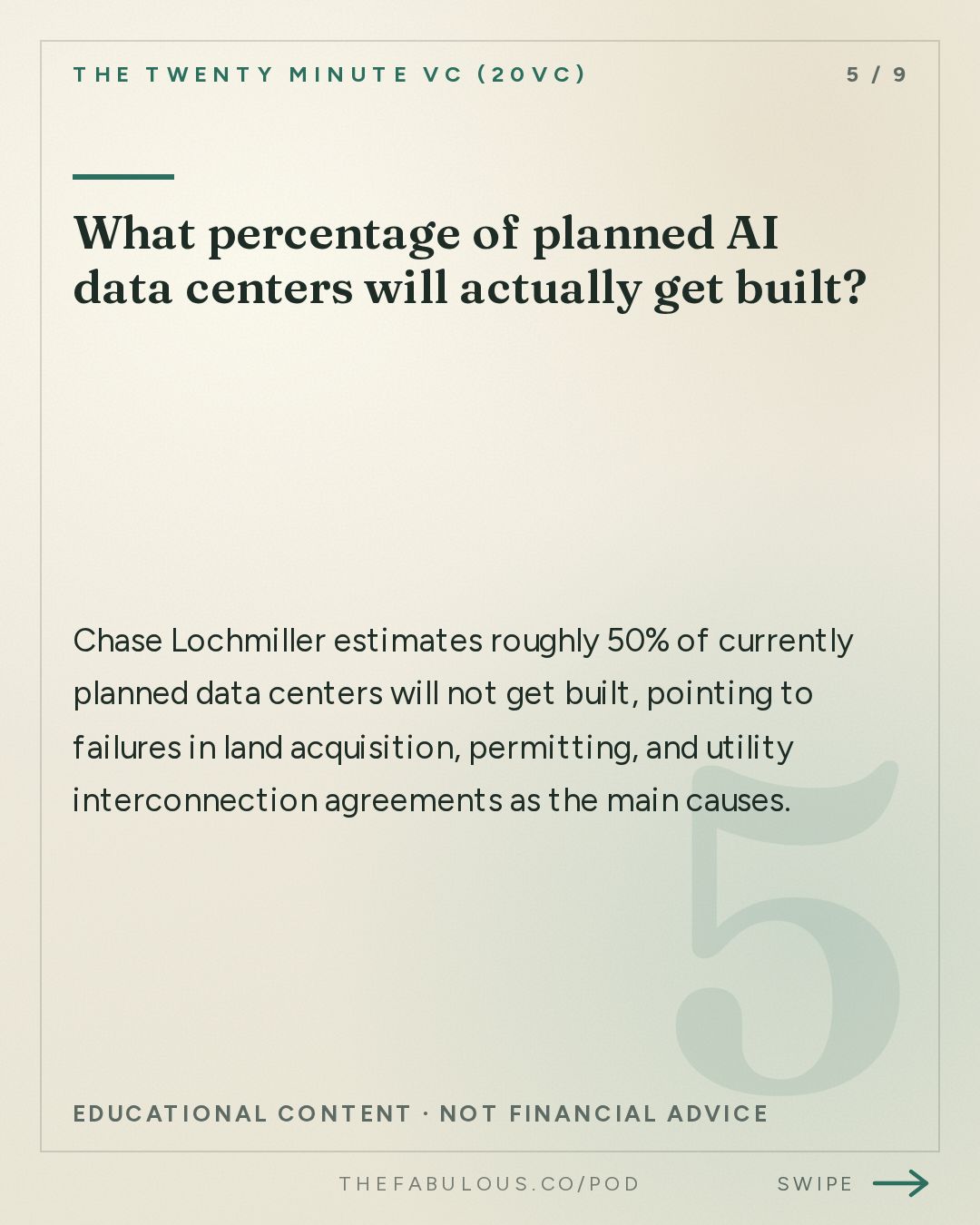 What percentage of planned AI data centers will actually get built? — The Twenty Minute VC (20VC): Venture Capital | Startup Funding | The Pitch: 20VC: The Future of Datacentres: What You Need to Know | Why Everyone Gets GPU Depreciation and AI's Energy Costs Wrong | Who Really Makes Money From AI & Why Most Moats Don't Exist with Chase Lochmiller