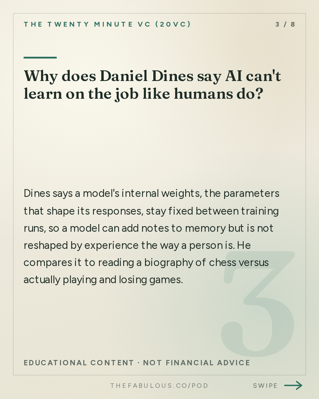 Why does Daniel Dines say AI can't learn on the job like humans do? — The Twenty Minute VC (20VC): Venture Capital | Startup Funding | The Pitch: 20VC: Why AI Cannot Replace Humans in Enterprise | Why Work Processes Not Models Will Be The Most Valuable Asset in AI | Why Europe Has Lost and Building in the US vs EU with Daniel Dines, UiPath