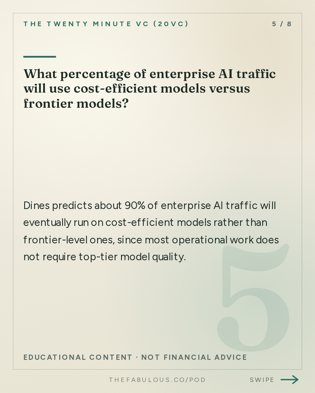 What percentage of enterprise AI traffic will use cost-efficient models versus frontier models? — The Twenty Minute VC (20VC): Venture Capital | Startup Funding | The Pitch: 20VC: Why AI Cannot Replace Humans in Enterprise | Why Work Processes Not Models Will Be The Most Valuable Asset in AI | Why Europe Has Lost and Building in the US vs EU with Daniel Dines, UiPath