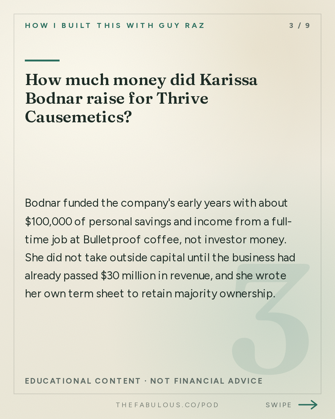 How much money did Karissa Bodnar raise for Thrive Causemetics? — How I Built This with Guy Raz: Thrive Causemetics: Karissa Bodnar. How $150 a Day in Sales Turned into a $150 Million Beauty Business with a Mission