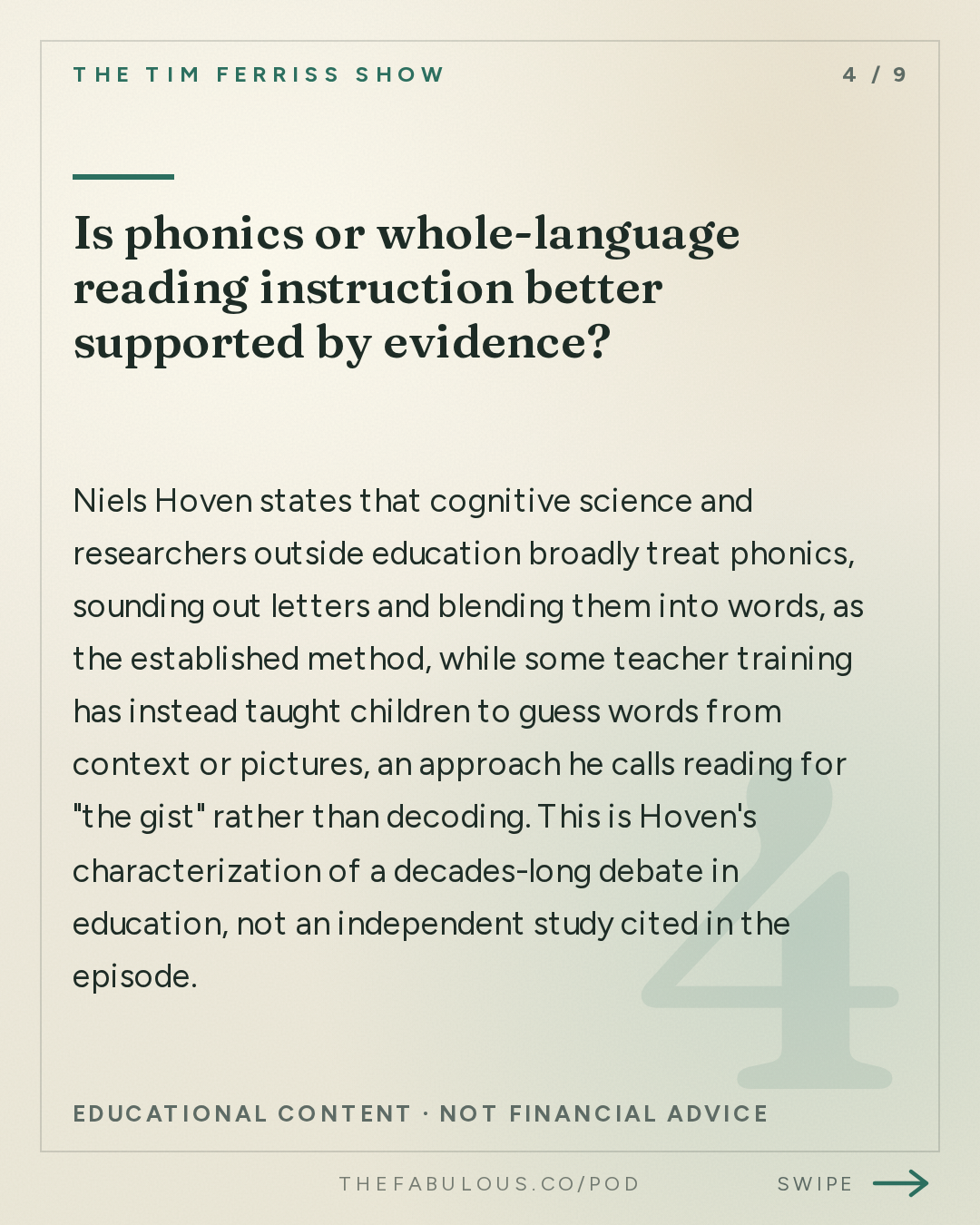 Is phonics or whole-language reading instruction better supported by evidence? — The Tim Ferriss Show: #882: Why Kids Can Learn 10x Faster Than We Think — Niels Hoven of Mentava (Tim Coaching Session)
