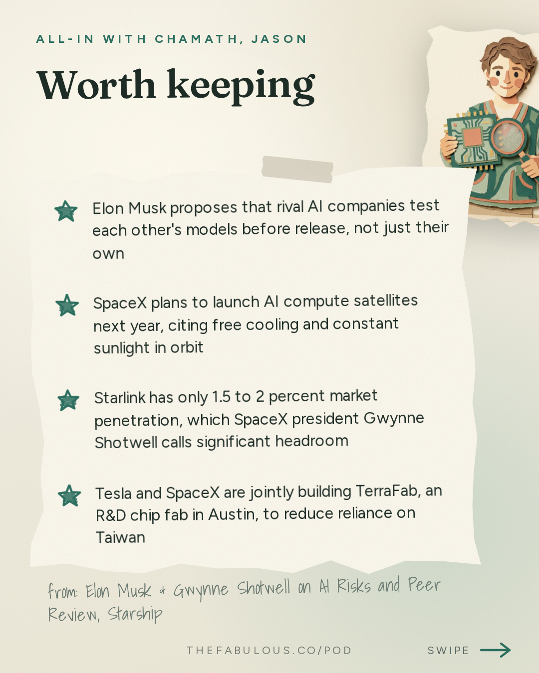 Worth keeping — All-In with Chamath, Jason, Sacks & Friedberg: Elon Musk & Gwynne Shotwell on AI Risks and Peer Review, Starship, Terafab, SpaceX/Tesla Merger