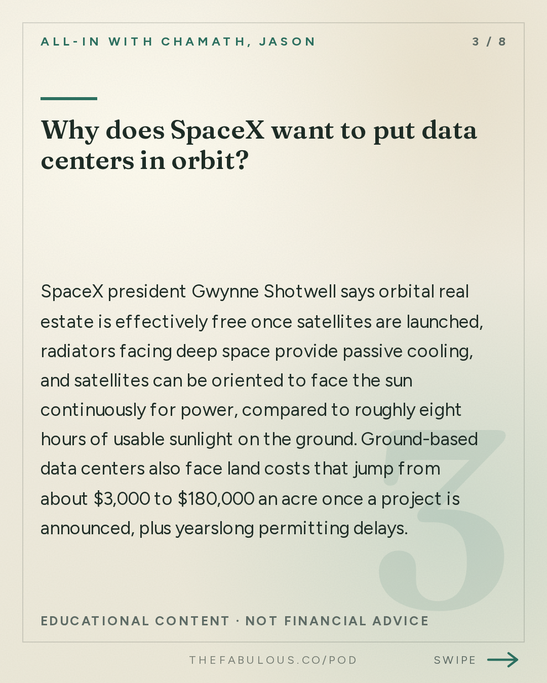 Why does SpaceX want to put data centers in orbit? — All-In with Chamath, Jason, Sacks & Friedberg: Elon Musk & Gwynne Shotwell on AI Risks and Peer Review, Starship, Terafab, SpaceX/Tesla Merger