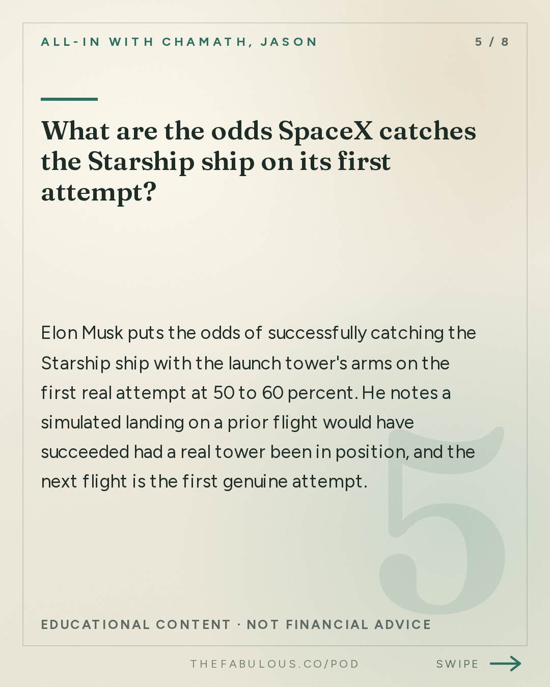 What are the odds SpaceX catches the Starship ship on its first attempt? — All-In with Chamath, Jason, Sacks & Friedberg: Elon Musk & Gwynne Shotwell on AI Risks and Peer Review, Starship, Terafab, SpaceX/Tesla Merger
