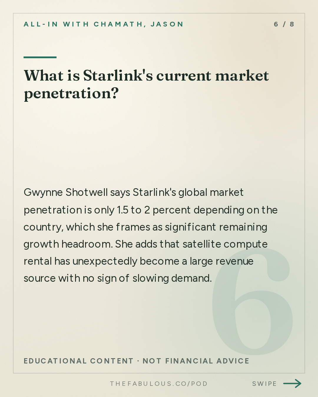 What is Starlink's current market penetration? — All-In with Chamath, Jason, Sacks & Friedberg: Elon Musk & Gwynne Shotwell on AI Risks and Peer Review, Starship, Terafab, SpaceX/Tesla Merger