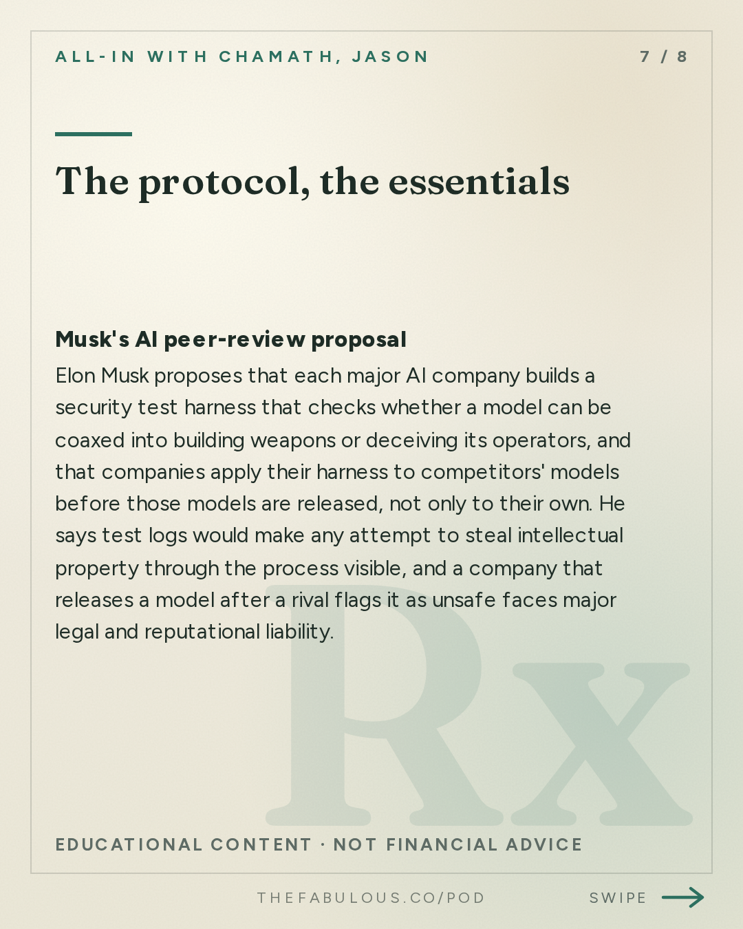 The protocol, the essentials — All-In with Chamath, Jason, Sacks & Friedberg: Elon Musk & Gwynne Shotwell on AI Risks and Peer Review, Starship, Terafab, SpaceX/Tesla Merger