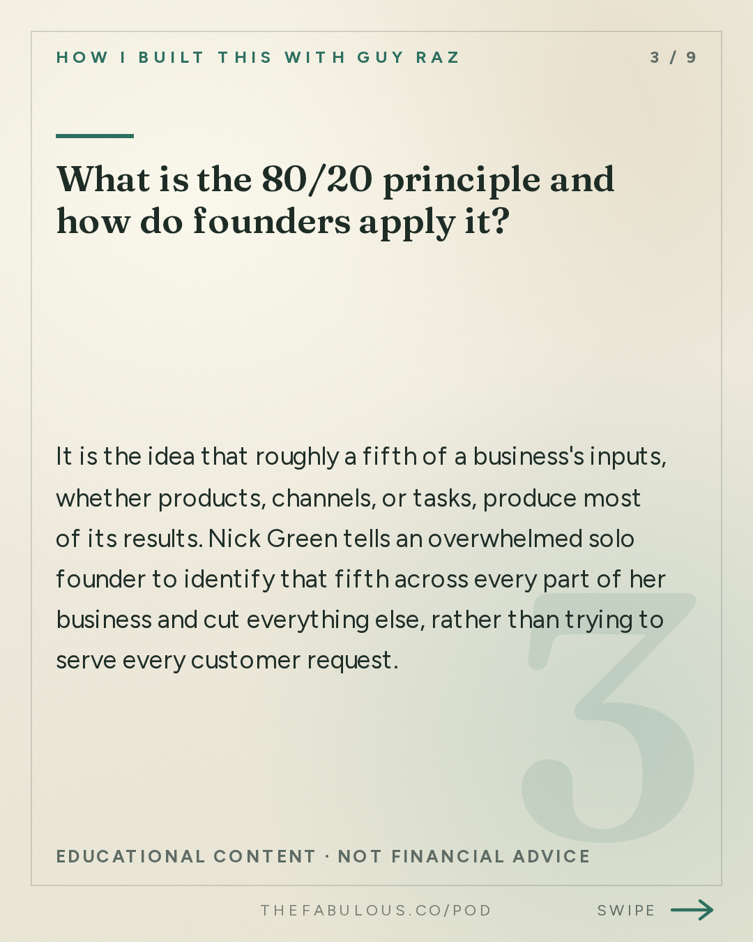 What is the 80/20 principle and how do founders apply it? — How I Built This with Guy Raz: Advice Line with Nick Green of Thrive Market