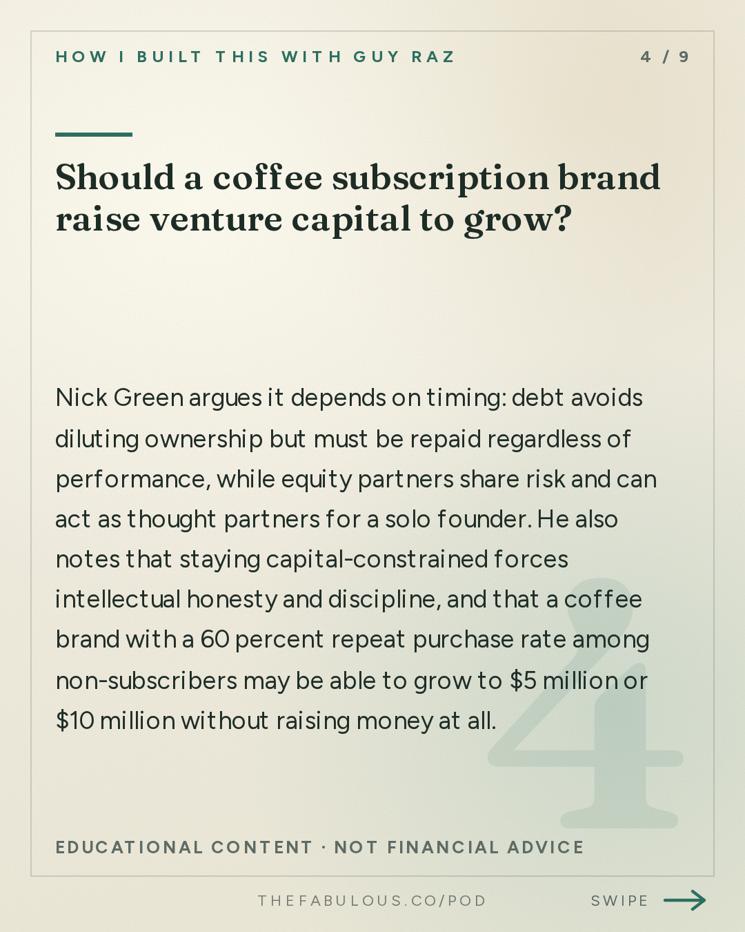 Should a coffee subscription brand raise venture capital to grow? — How I Built This with Guy Raz: Advice Line with Nick Green of Thrive Market