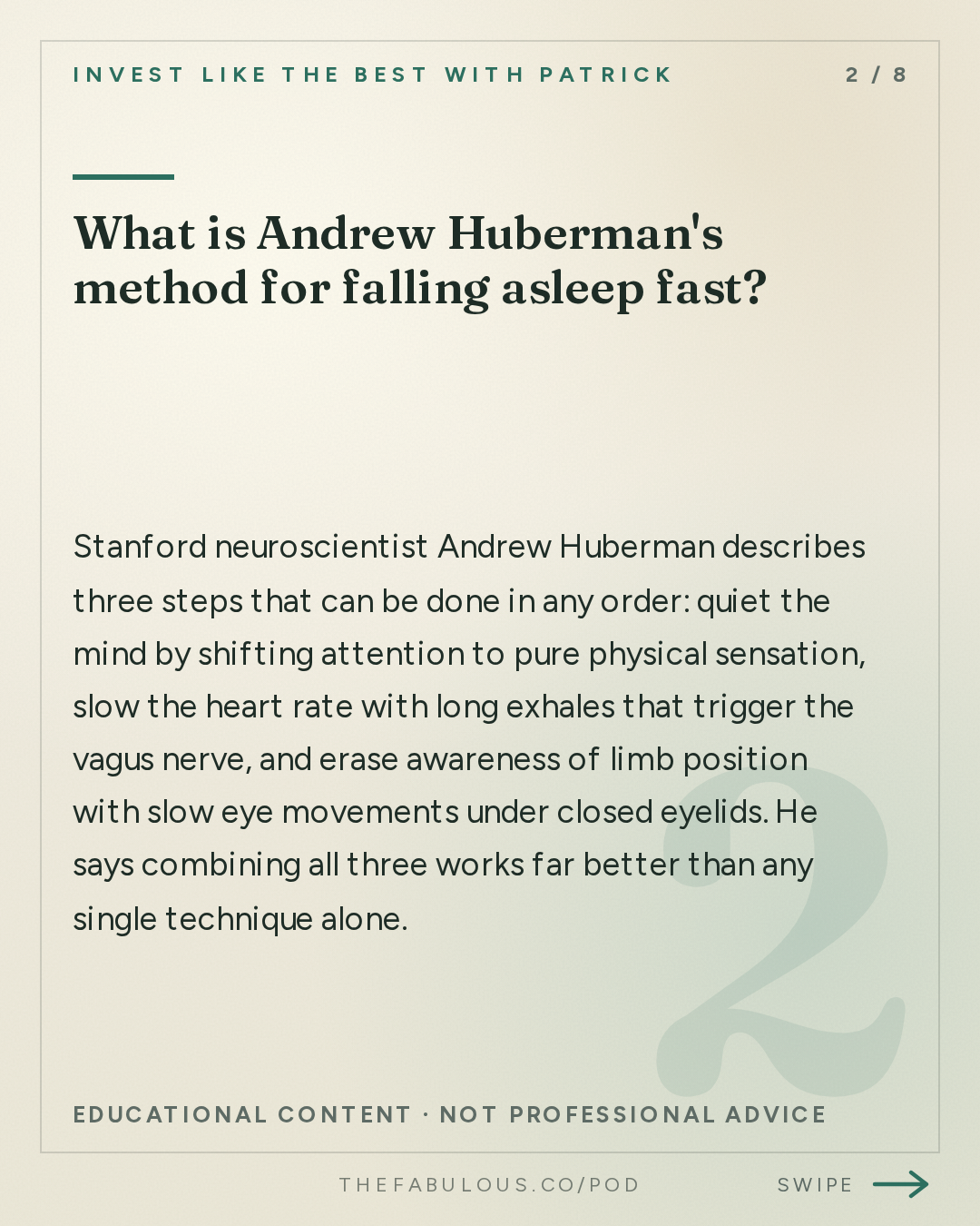 What is Andrew Huberman's method for falling asleep fast? — Invest Like the Best with Patrick O'Shaughnessy: Andrew Huberman - The Frontier of Neurotechnology - [Invest Like the Best, EP.494]