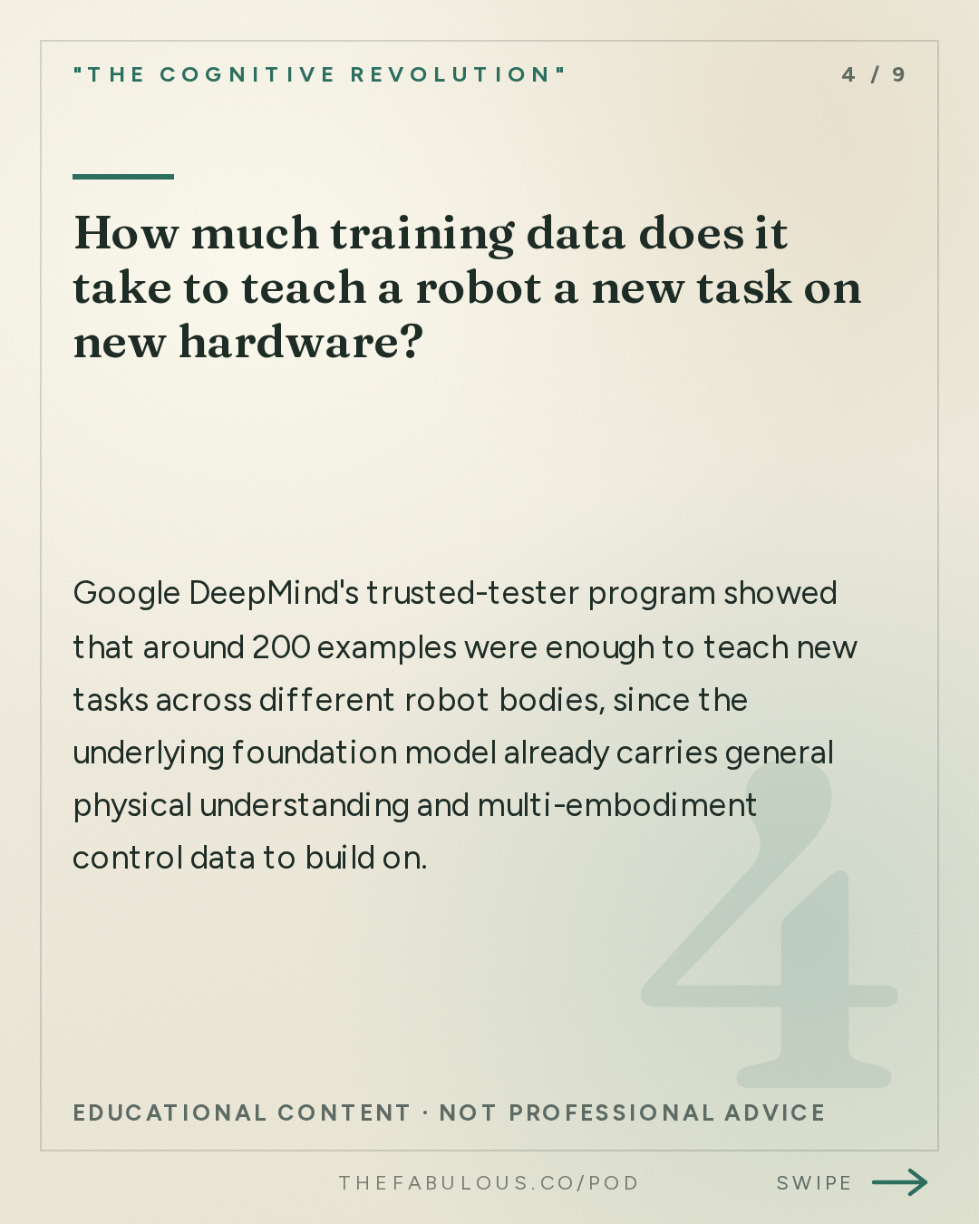 How much training data does it take to teach a robot a new task on new hardware? — "The Cognitive Revolution" : One Brain, Any Body: Google DeepMind's Keerthana on Gemini Robotics 2, Cross-Embodiment & Humanoids