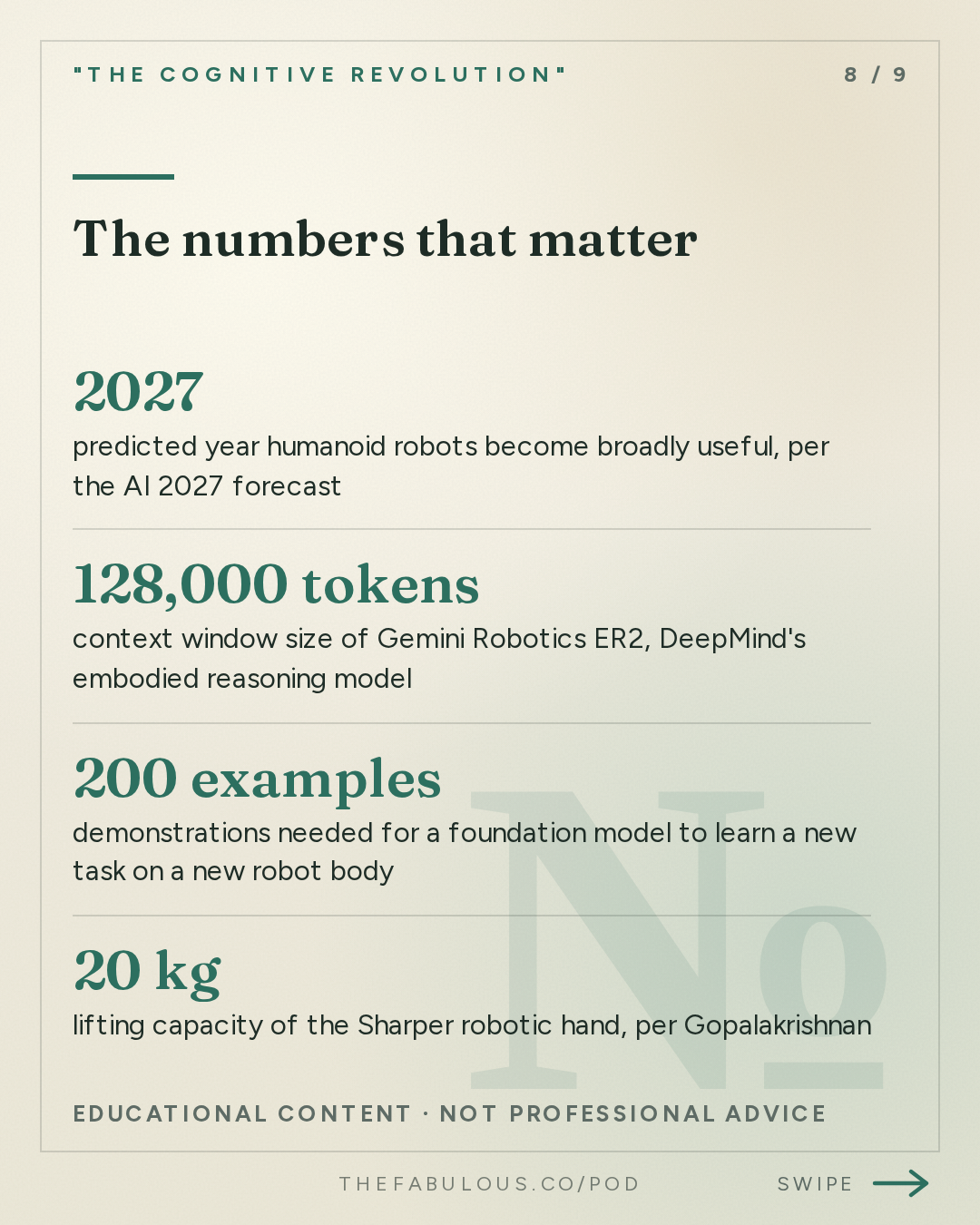 The numbers that matter — "The Cognitive Revolution" : One Brain, Any Body: Google DeepMind's Keerthana on Gemini Robotics 2, Cross-Embodiment & Humanoids