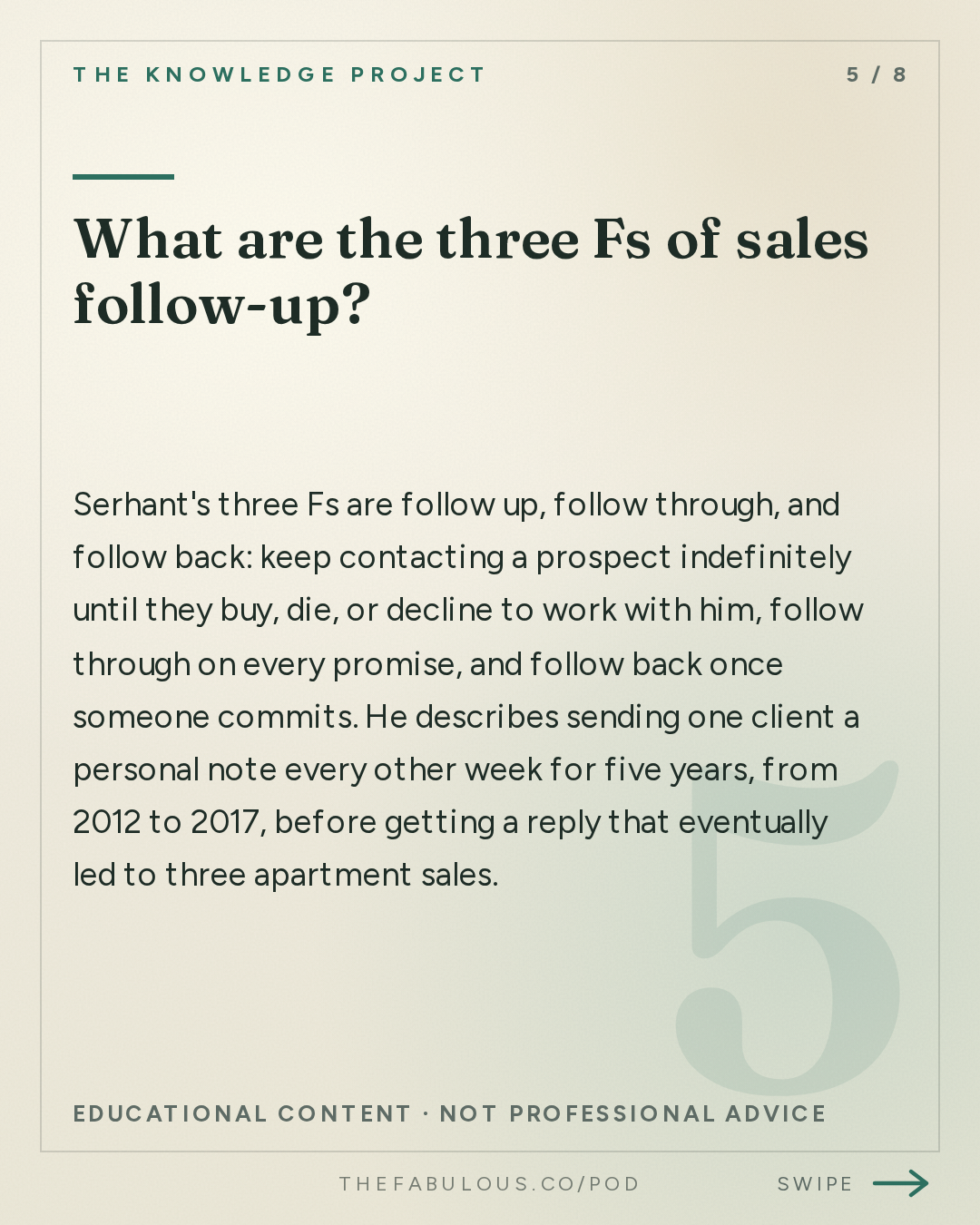 What are the three Fs of sales follow-up? — The Knowledge Project: How to Get People to Say Yes | Ryan Serhant