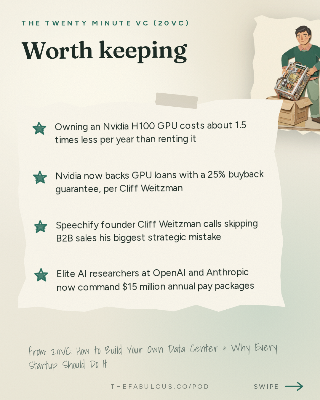 Worth keeping — The Twenty Minute VC (20VC): Venture Capital | Startup Funding | The Pitch: 20VC: How to Build Your Own Data Center & Why Every Startup Should Do It | How ElevenLabs Leapfrogged Us: What I Learned | The AI Talent War: How Your Hiring Process Needs to Change with Cliff Weitzman, Speechify