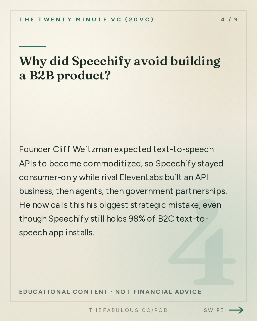 Why did Speechify avoid building a B2B product? — The Twenty Minute VC (20VC): Venture Capital | Startup Funding | The Pitch: 20VC: How to Build Your Own Data Center & Why Every Startup Should Do It | How ElevenLabs Leapfrogged Us: What I Learned | The AI Talent War: How Your Hiring Process Needs to Change with Cliff Weitzman, Speechify